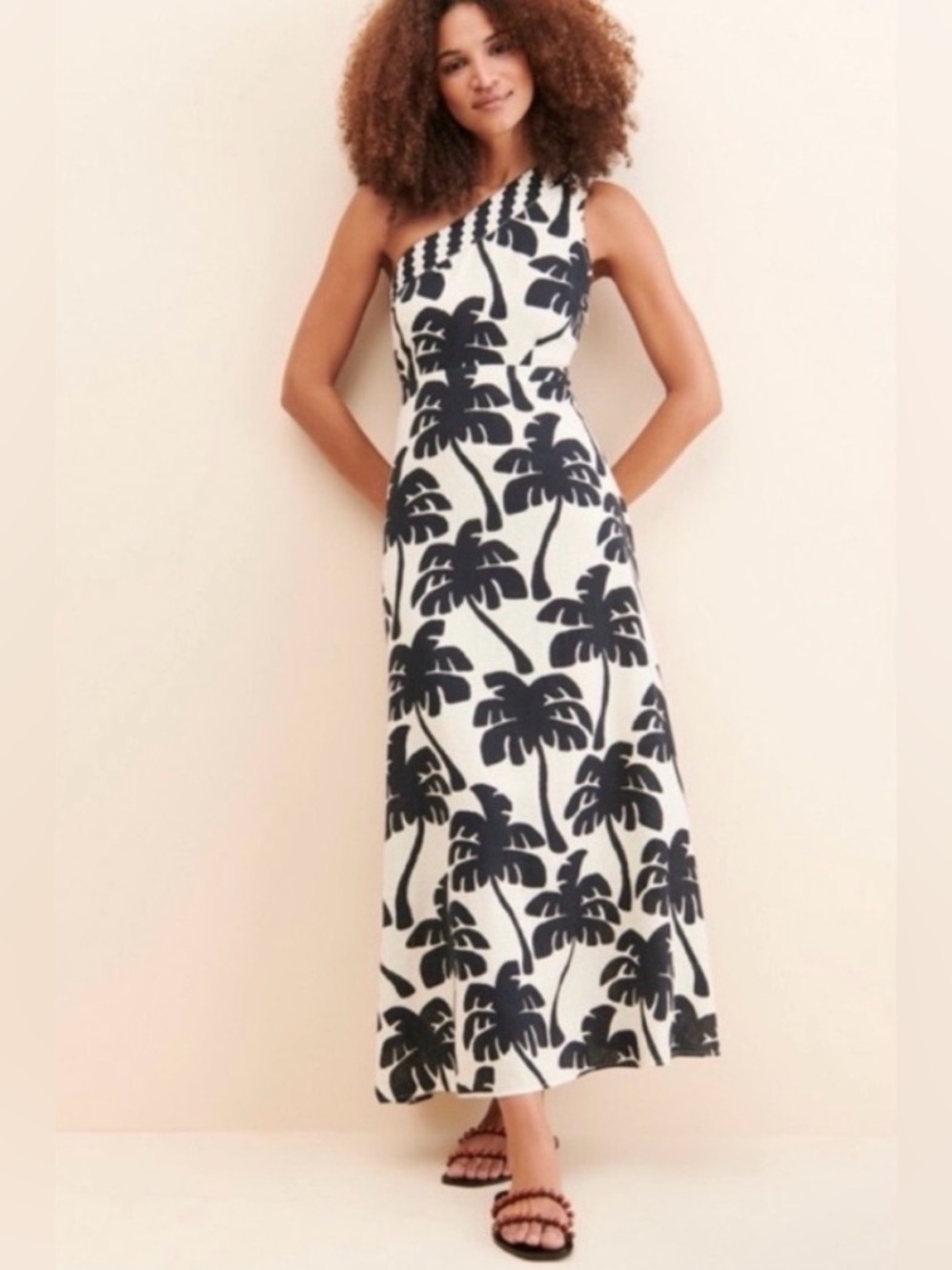 FARM Rio One-Shoulder Palm-Print Maxi Dress Black & Cream Linen Blend S20